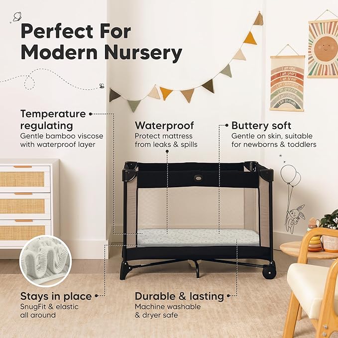2-Pack Waterproof Pack and Play Sheets, Mini Crib Sheets Fitted for Boy, Girl - 38 x 26 Viscose from Bamboo Pack N Play Mattress Sheets for Graco, Toddler Playard Baby Crib Sheets Neutral(Pine Grove)