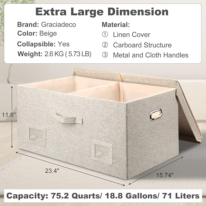 Graciadeco 75 Quarts Extra Large Decorative Storage Bins with Lids, 3 Packs Beige Collapsible Storage Bins with Lids, Stackable Storage Bins Decorative Box Storage With Lid Extra Large - Image 2