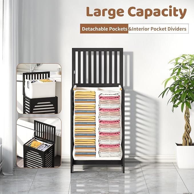FILWH Laundry Hamper with Lid (16.9 * 13 * 26.5inches) Large Bamboo Laundry Bin Basket 85L Clothes Hamper with 1 Removable Bag Storage baskets for Bathroom(Black) - Image 3