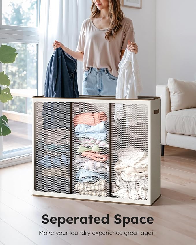SOLEDI 180L Laundry Hamper 3 Section, Extra Large Laundry Hamper with Lid, Dirty Clothes Hamper with Sturdy Handle, Large Laundry Basket Organizer for Laundry Room, Bedroom, Hampers for Laundry - Image 2