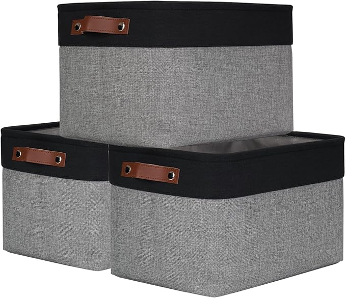 Bagnizer Storage Bins Large Fabric Storage Baskets for Shelves 3 Pack, Decorative Linen Closet Baskets with Handles for Organizing, Shelf, Clothes, Home, Office, 15x11x9.5Inches (Grey&Black) by Bagnizer
