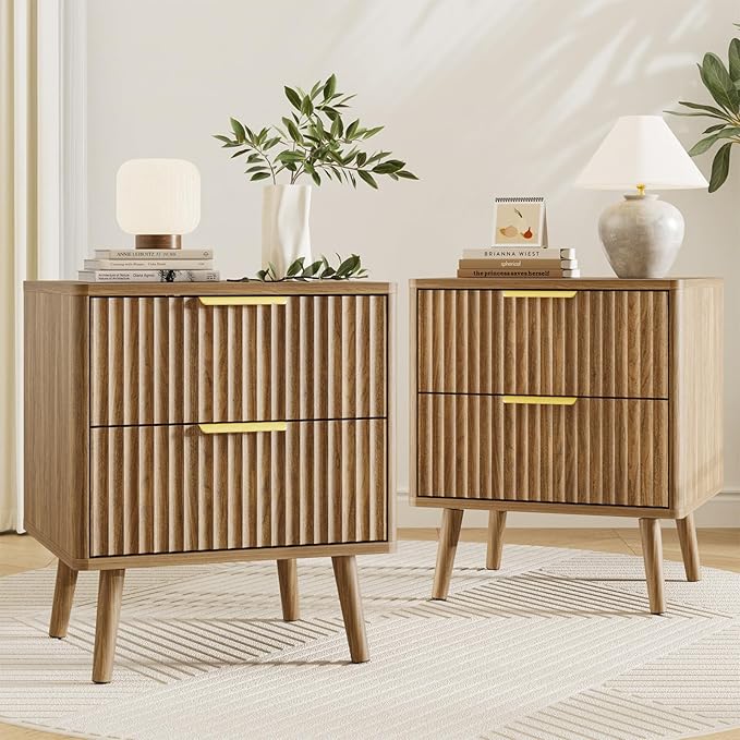 LYNSOM 3 Pieces King Bedroom Set, Floating Bed Frame with Smart LED Lights & Nightstand Set of 2, Fluted Bedroom Furniture Set for Home, Bedroom, Walnut
