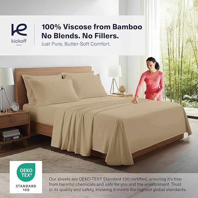 Kickoff Viscose Bamboo Sheets Twin XL Size 3-pc 100% Organic Bamboo Viscose Bed Cooling Sheets Twin XL Size Set Cool Bedding for hot Sleepers Sheet, Flat, Fitted, Pillowcase (Sand, TXL)