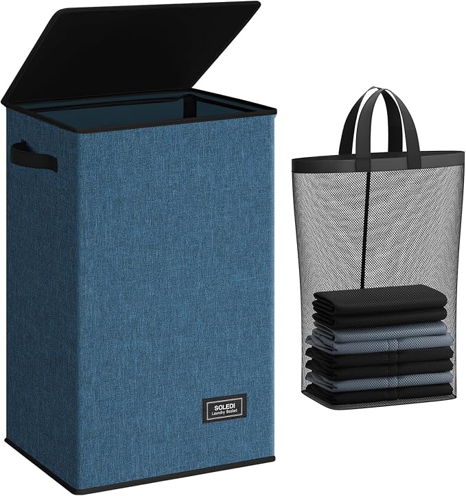 SOLEDI Laundry Hamper with Lid 90L Large & Tall Collapsible Laundry Basket, Clothes Hamper with Bag Removable Easy to Carry, Dirty Hampers for Bedroom, Bathroom, Dorm, College, Blue by SOLEDI