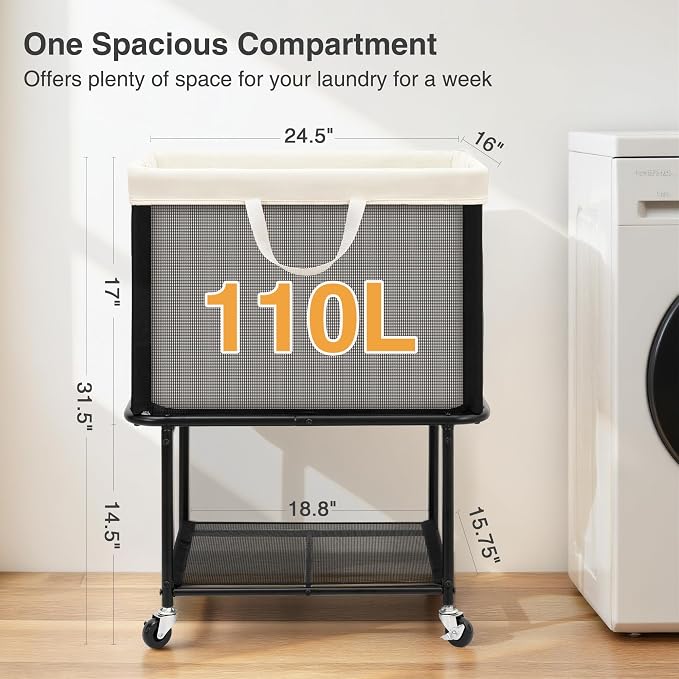 STO STO Rolling Laundry Hamper with Lockable Wheels, 29-Gallon (110L) Laundry Cart with Removable Canvas Bag, 2-Tier Clothes Basket Hamper with Shelf for Closet, Bedroom, Bathroom, Laundry Room - Image 6
