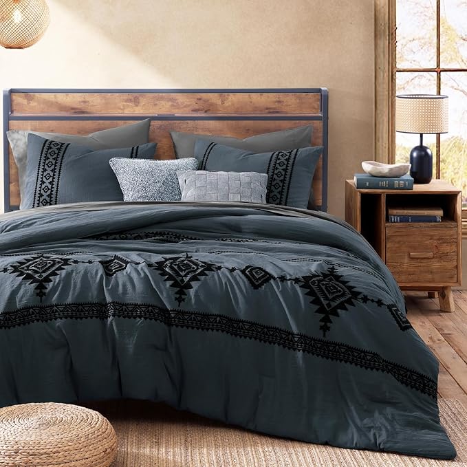 MaiRêve California King Comforter Set Blue Grey, Embroidery Western Bedding Set Boho 7 Pieces, Farmhouse All-Season Bed in A Bag with Sheets, Pillowcases & Shams