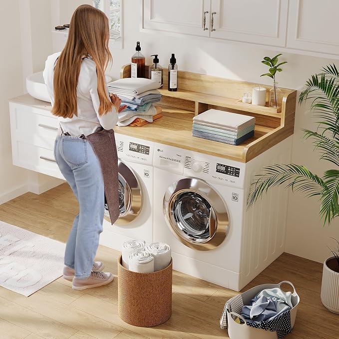 2-Tier Washer Dryer Countertop with 2.75"H Edge Rails, 54" W x 27.55" D Laundry Countertop for Folding Clothes, Washer and Dryer Topper with Non-Slip Pad (Pure Wood Color) - Image 4
