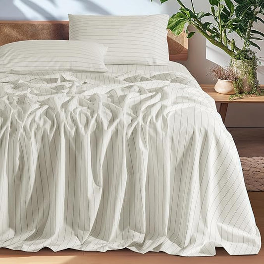 SONORO KATE 100% French Pure Linen Sheets, Breathable and Durable Linen King Size Sheets, Anti-Tear Linen Bed Sheets, Machine Washable, 16 Inch Deep Pocket - 4 Piece (White & Dark Grey Stripes)