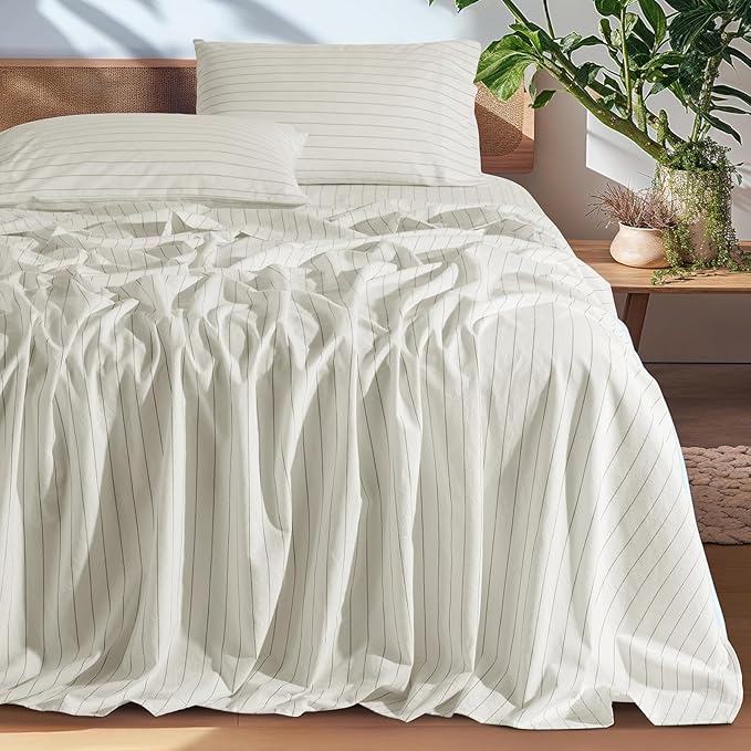 SONORO KATE 100% French Pure Linen Sheets, Breathable and Durable Linen Queen Size Sheets, Anti-Tear Linen Bed Sheets, Machine Washable, 16 Inch Deep Pocket - 4 Piece (White & Dark Grey Stripes)