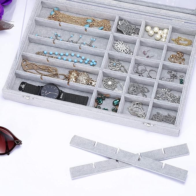 Jewelry Organizer Tray with Clear Lid 30 Grid Velvet Drawer Insert Jewelry Storage box with Glass lid Display Case Store Showcase Holder with Lock Gifts for Women - Image 3