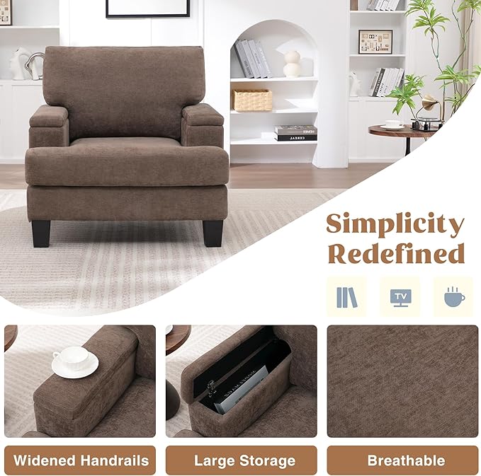 Oversized Accent Chair Set of 2 with Storage Armrest, Modern Upholstered Reading Living Room Chairs, Comfy Large Armchair, Fabric Single Sofa Chair for Bedroom (Dark Brown)