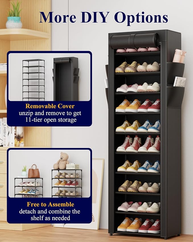 Kitsure Shoe Rack - 10-Tier Large Capacity Shoe Organizer Shelf with Dust Cover & Side Pockets, Rust-Proof Metal Shoe Rack for Closet, Entrance, Living Room, 17.5" x 12.4" x 69.3", Black - Image 7