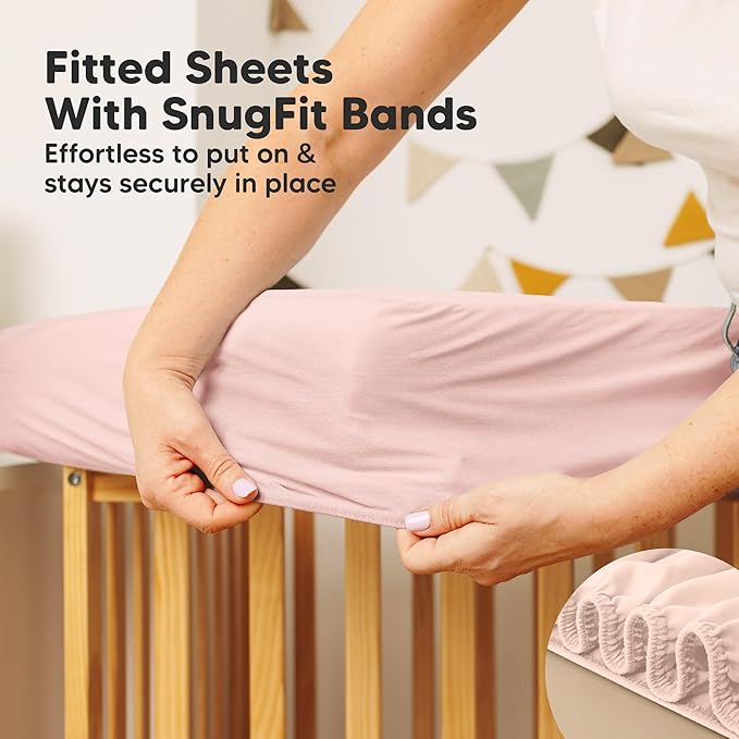 2-Pack Waterproof Crib Mattress Protector Cover Fitted - Quiet Baby Crib Mattress Pad Sheets, 52" x 28" Soft Quilted Cotton Baby Sheet, Machine Washable, Easy Fit, Durable (Mist Rose/Quin)