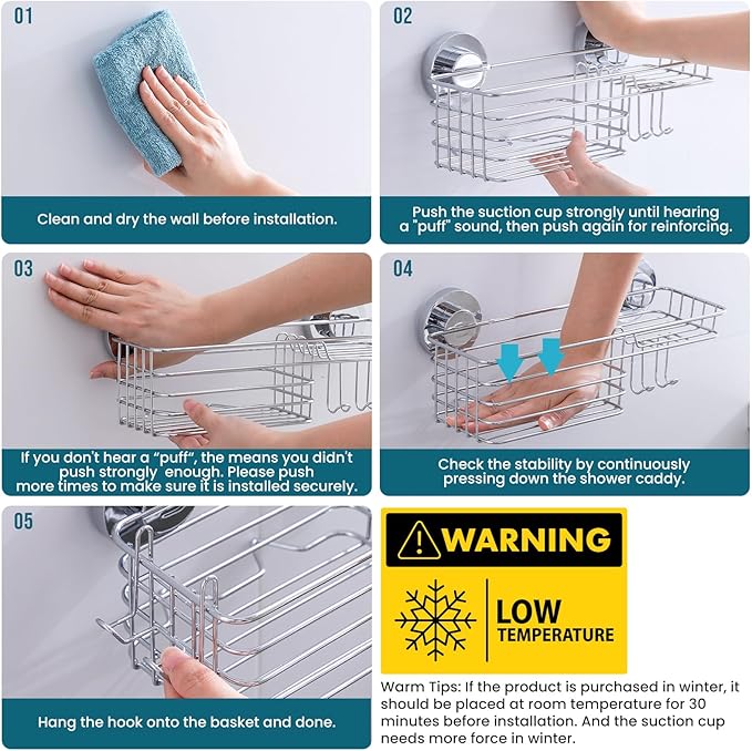 TAILI Shower Caddy Suction Cup with Hooks & Soap Holder, Heavy Duty Bathroom Shower Organizers, Removable Bathroom Shelves for Inside,Stainless Steel Bathroom Holder - Image 7