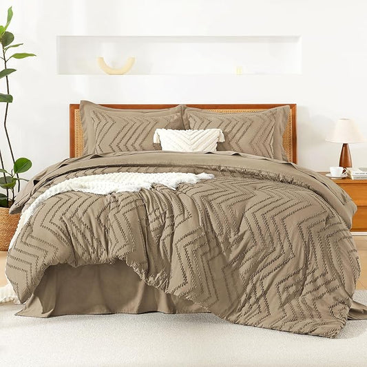 Litanika Taupe Comforter Set King Size with Sheets - 7 Pieces King Bed in a Bag Boho Tufted Complete Bedding Sets with Comforter, Sheets, Pillowcases & Shams