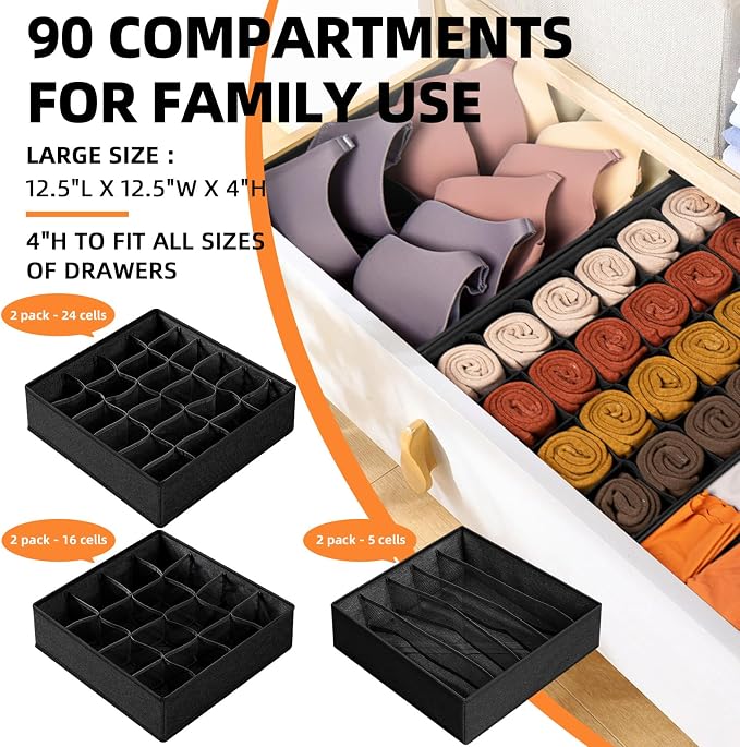 Criusia 6 Pack Sock Underwear Drawer Organizer Dividers - Dresser Organizer for Baby Clothes - Closet Organizers and Storage for Bedroom Essentials for Dorm Room/New Home/Apartment (Black) - Image 2