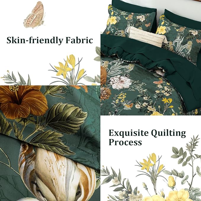 WONGS BEDDING Green Comforter Set King,7 Pieces Floral Comforter Set for All Seasons,Bed in a Bag King with Botanical Flowers Comforter, Sheets, Pillowcases & Shams