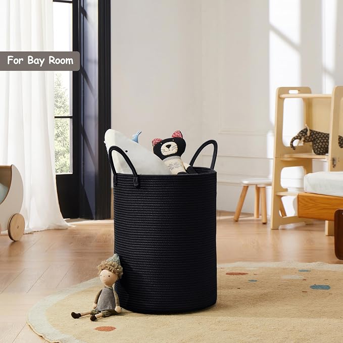 60L Black Woven Cotton Rope Laundry Hamper Basket for Clothes Tall Modern Blanket Storage Basket in Living Room Bedroom 15Dx20H inches - Image 8