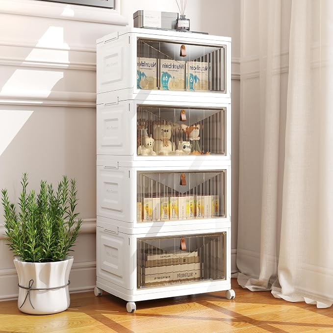 4 Tier Storage Bins with Lids, 23QT Stackable Closet Organizers and Storage with Wheels, Collapsible Storage Boxes, Foldable Plastic Storage Containers for Home,Office, Dorm Room-White - Image 7