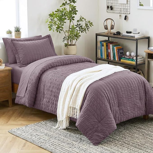 CozyLux Twin Comforter Set with Sheets 5 Pieces, Dusty Purple Seersucker Textured Bed in a Bag, Grayish Purple Luxury Soft Bedding Sets with Down Alternative Comforter, Sheets, Pillowcase & Sham