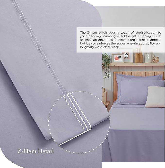 Linen Home Queen Percale Sheets 100% Cotton, 4-Piece Set, Deep Pocket Fits 16" Mattress Crisp Cool Breathable Bed Sheet Set, 1 Flat + 1 Fitted + 2 Pillowcases, Prelude Purple