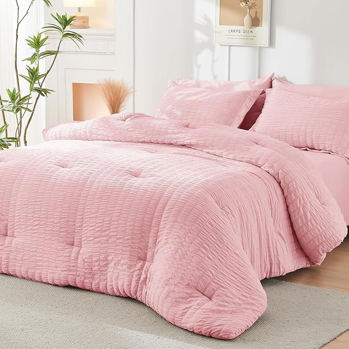 HYMOKEGE Pink California King Comforter Set Seersucker 7 Pieces, All Season Luxury Bed in a Bag for Bedroom, Bedding Set with Comforters, Sheets, Pillowcases & Shams
