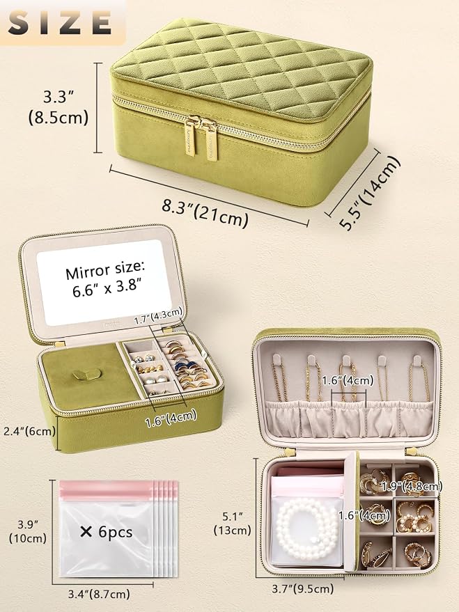 Velvet Travel Jewelry Box with Large Mirror, Double-Layer Jewelry Organizer Case for Women and Girls, Portable Storage Case with 6 Anti-Tarnish Bags Gift Ready for Her (Avocado Green) - Image 2