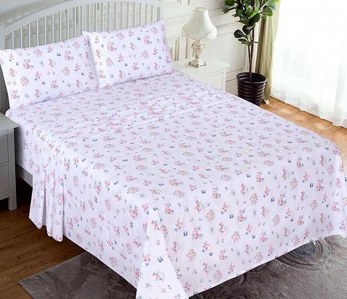 RUVANTI 100% Cotton Sheets – Queen Size Percale Bedding, Cooling & Breathable Floral Design, Durable with a Crisp, Soft & Comfortable Feel, 16" Deep Pocket, 4-Piece Set, Funa Flora