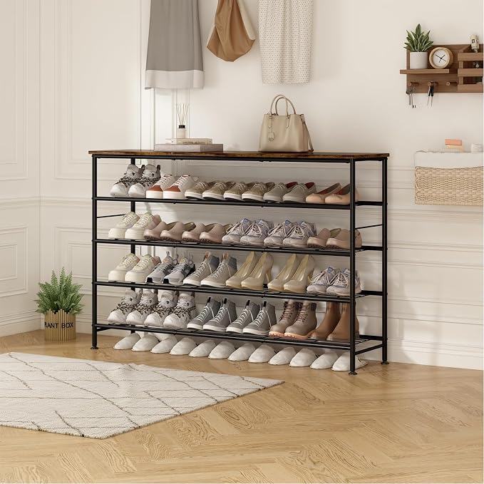 SUOERNUO Shoe Rack 5 Tier Shoe Storage Organizer Metal Mesh Shelves with MDF Top Board for Entryway, Hallway, Closet,Bedroom，Living Room (Black+Rustic Brown, Large 5 Tier) - Image 5