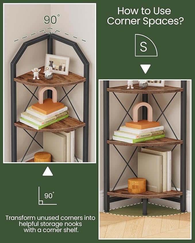 CHOEZON 3-Tier Corner Shelf, Industrial Corner Bookshelf, 35.4" Storage Stand, Plant Stand Display Shelf, Bookcase for Bedroom, Living Room, Home Office, Rustic Brown and Black TCJ03BF - Image 3