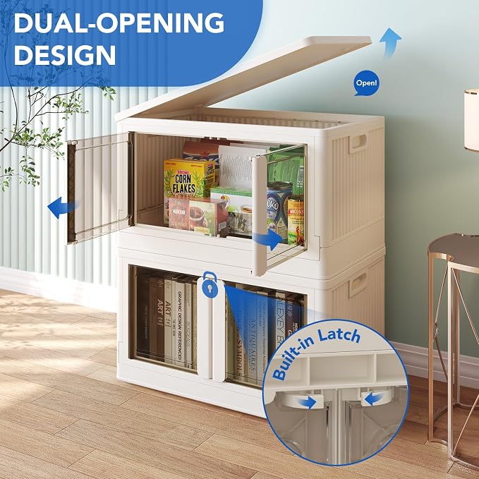 FLEXIMOUNTS 152 QT Stackable Storage Bins With Lids, Collapsible Plastic Storage Bins, Closet Organizers and Containers with Doors and Built-in Wheels For Home, 2 Pack Cubes, Milky White - Image 5