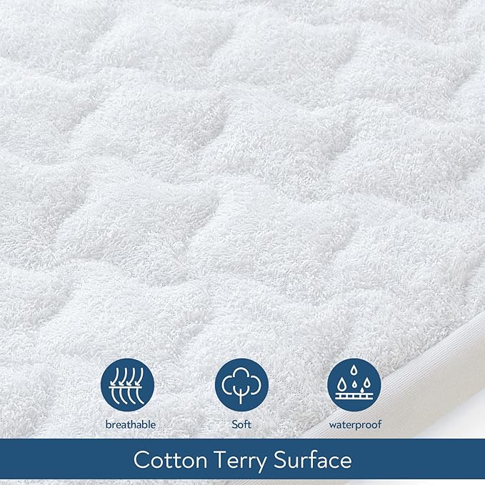 Moses Basket Mattress Pad 16" x 30" - Fit for Plum Sparrow, Baby Delight Slumber/Beside Me Doze, 4moms MamaRoo Sleep Bassinet, Waterproof Quilted Mattress Protector, Cotton Terry Surface