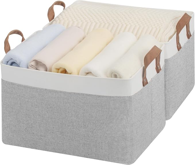 StorageWorks Storage Bins, Fabric Storage Bins for Shelves, Large Storage Baskets with Metal Frame, Closet Baskets and Bins with Handles, Gray and White, 2-Pack by StorageWorks