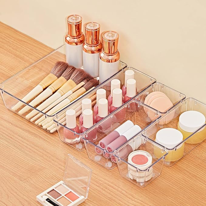 SMARTAKE 28 Piece Drawer Organizers with Non-Slip Silicone Pads, 4-Size Desk Drawer Organizer Trays Storage Tray for Makeup, Jewelries, Utensils in Bedroom Dresser, Office and Kitchen, Clear - Image 2