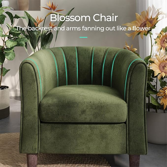 LINSY Accent Chair with Ottoman, Modern Barrel Chair Small Armchair Reading Chair with Footrest, Comfy Round Arms Chair for Living Room Bedroom Reading Room, Velvet, Olive Green