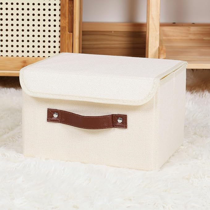 ANMINY 4PCS Storage Bins with Lid PU Leather Handles Storage Boxes PP Plastic Board Decorative Foldable Lidded Cotton Linen Fabric Home Cubes Baskets Closet Organizer Containers - Beige, Small Size - Image 5