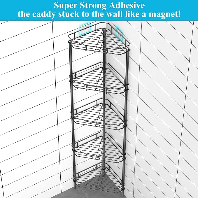HuggieGems 5 Tier Floor Standing Corner Shower Caddy Organizer Shelf with Hooks, Bathroom Shelves Stand Rack, Black - Image 2