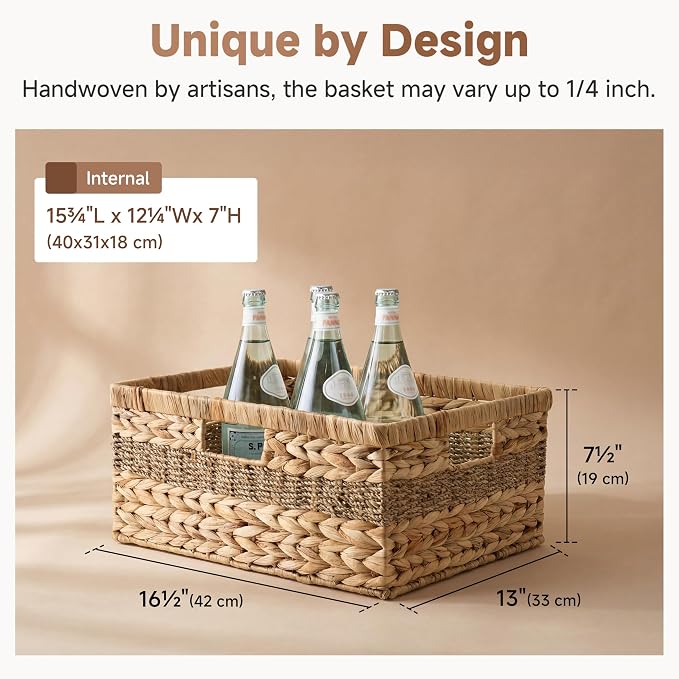 StorageWorks Jumbo Rectangular Wicker Basket, Water Hyacinth and Seagrass Storage Basket with Built-in Handles, 1 Pack - Image 3