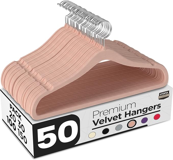 Utopia Home Velvet Hangers 50 Pack – Luxury Non-Slip Slim Pant & Coat Hangers, Strong Space-Saving Clothes Hangers with Pants Bar and 360° Swivel Hook – Pink by UTOPIAHOME