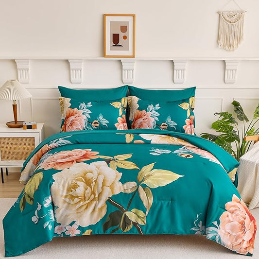 Drucon Floral Comforter Set King Size 7 Pieces Bed in a Bag, Teal Blue Floral Bedding Set, Soft Microfiber Comforter and Sheet Set for All Season (King, 104"x90")