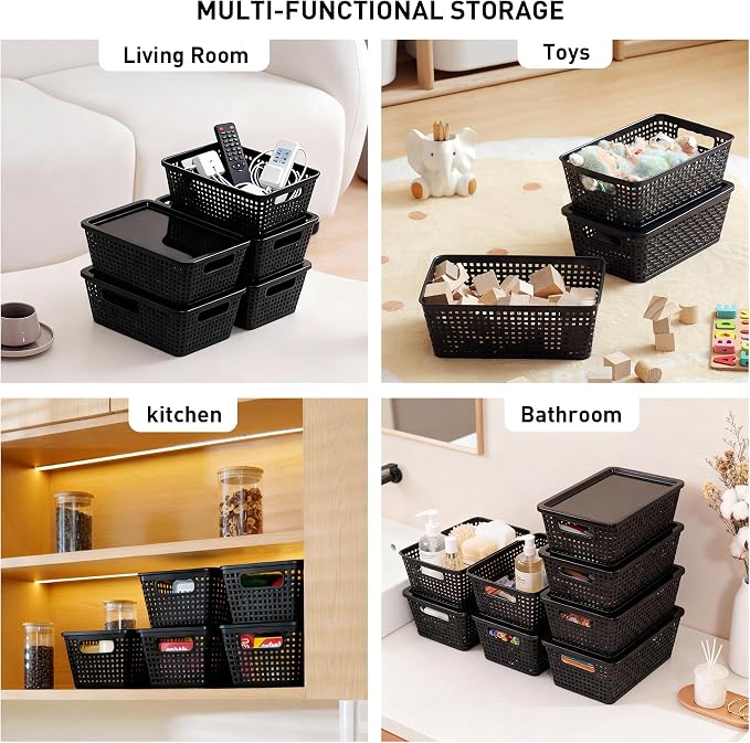Plastic Storage Baskets With Lid, Storage Bins for Organizing, Stackable Decorative Containers for Shelves Drawers Desktop Closet Playroom Classroom Office, 6 Pack-Black - Image 8
