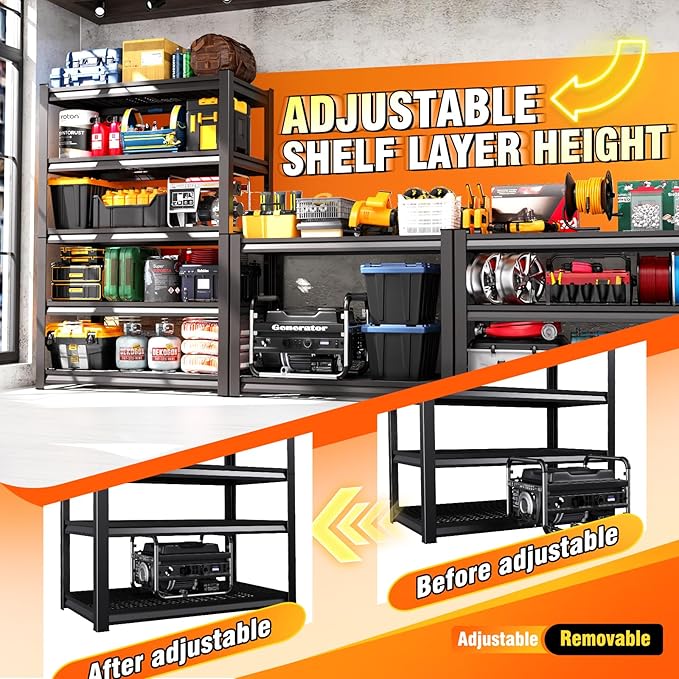 2 Pack-46 ''W Storage Shelves, 71‘’H Garage Shelving, Adjustable Garage Shelves, 3000lbs Heavy Duty Shelving ,5 Tier Garage Storage Shelves,Easy-To-Install Metal Shelf Storage Rack Shelving Unit - Image 5