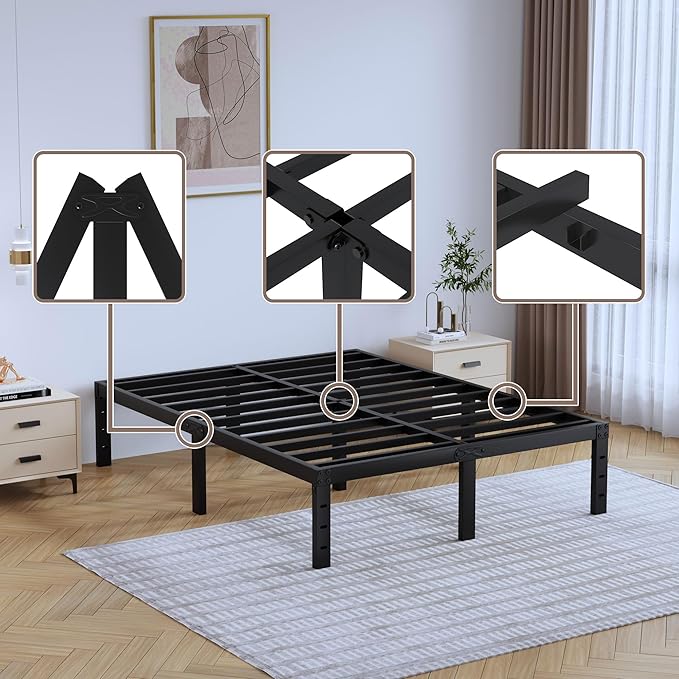 SHOANED Full Metal Bed Frame - 14 Inch Tall Heavy Duty Bedframe Black Basic Steel Slats Platform No Box Spring Needed/Easy Assembly/Noise Free