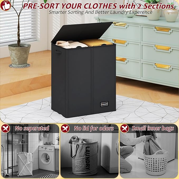 150L Laundry Hamper 2 Section, Large Laundry Hamper with Lid, Dirty Clothes Hamper with 2 Removable Inner Bags, Collapsible Laundry Basket Organizer for for Clothes Toys Towels, Hamper 2 Compartment - Image 3