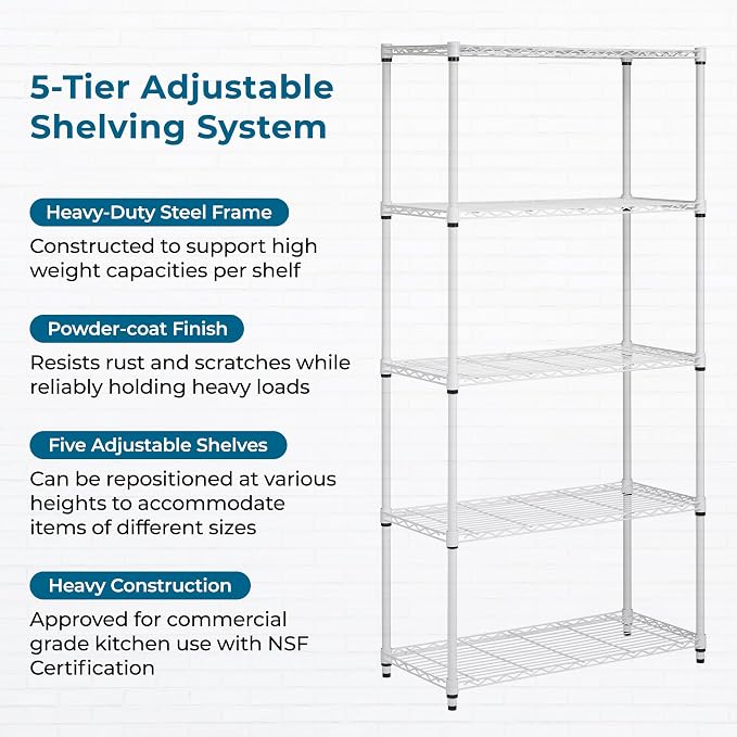 Honey-Can-Do 5-Tier Heavy Duty Adjustable Shelving Unit, 200-lb Per Shelf Metal Storage Rack, White Wire Shelf for Laundry Room Kitchen Craft Room, 36 x 14 x 72 in - Image 7