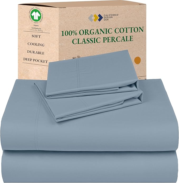 California Design Den 100% Organic Cotton Sheets King - Cool and Crisp Percale Sheets King Size Set with Deep Pockets, Durable Bedding Set - Blue Hydrangea