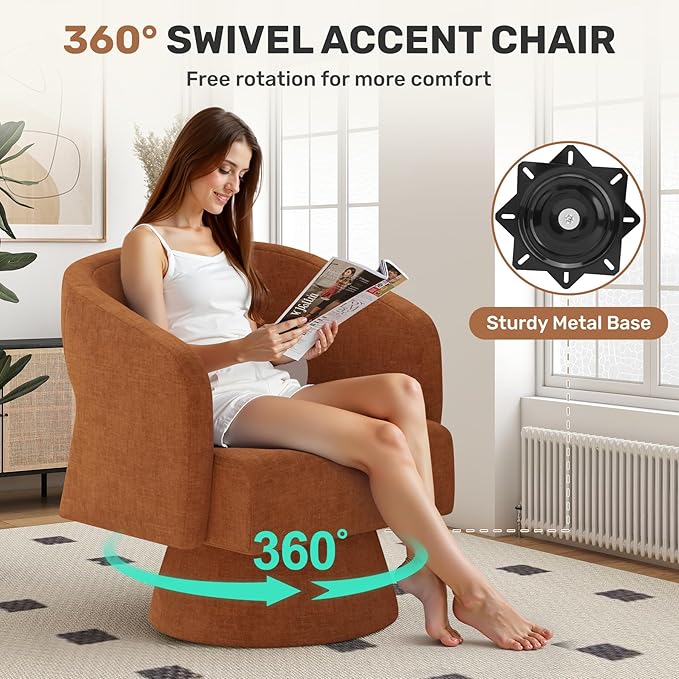 Nebuaegis Swivel Accent Chair, Modern Comfy Chenille Barrel Chairs, Oversized Upholstered Round Arm Chair for Living Room, Bedroom, Reading Room, Caramel, 1 PCS