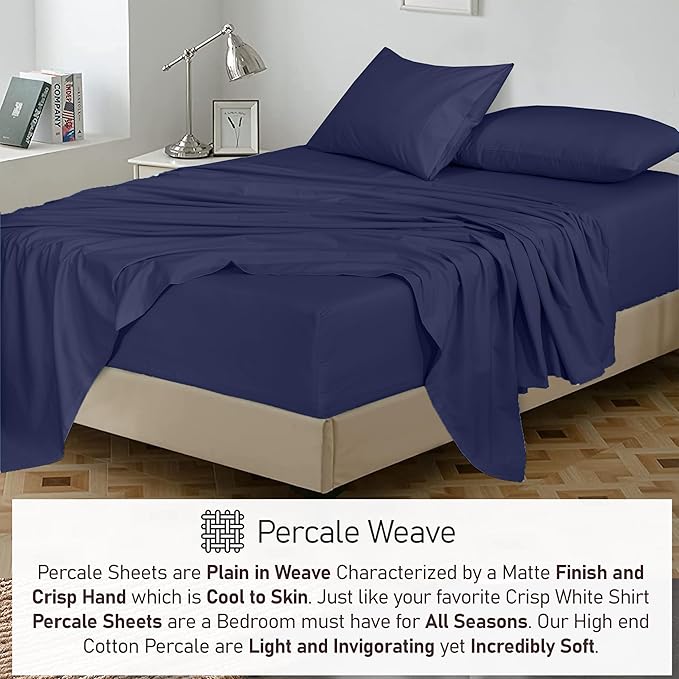 RUVANTI 100% Cotton Sheets – King Size Percale Bedding, Cooling & Breathable, Durable with a Crisp, Soft & Comfortable Feel, 16" Deep Pocket, 4-Piece Set, Crown Blue
