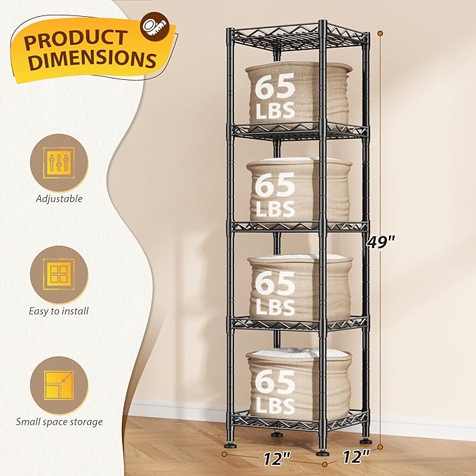 5 Tier Metal Shelving Unit Adjustable Storage Shelves:Wire Shelves Storage Rack Standing Bathroom Shelf and Narrow Small Shelf for Kitchen Pantry Closet Laundry Dorm Office 12''Wx12''Dx49''H Black - Image 7
