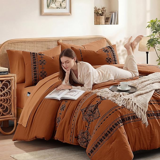 MaiRêve King Size Comforter Set Burnt Orange, Embroidery Floral Western Boho Bedding Set, All Season 7 Pieces Bed in a Bag with Sheets, Pillowcases & Shams